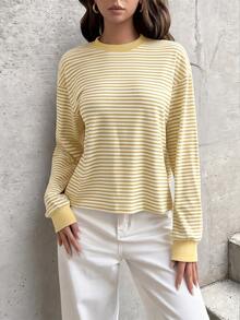 GLAMSKIN Women's Colorblock Striped Crew Neck Long Sleeve T-Shirt, Minimalist Loose Fit Autumn Basic Style, Suitable For Daily Wear And Commuting - Light Yellow - View 2