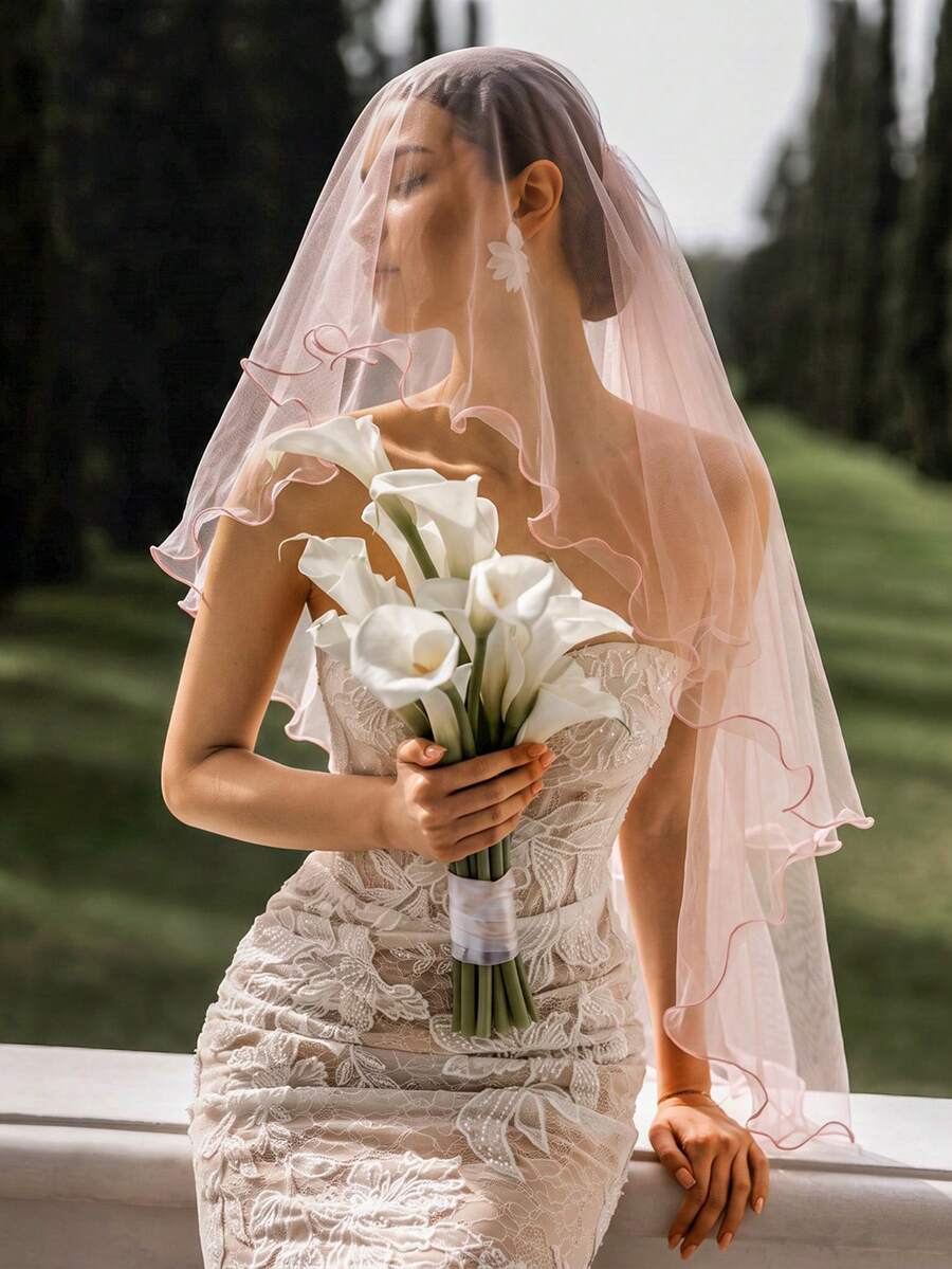 1pc Pink Double Layer Ruffle Bridal Veil With Comb, Wedding Outdoor Photo Shoot Bachelorette Party Headpiece