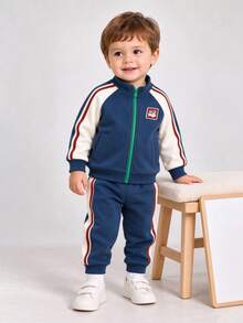 mini bala 2pcs Kids Vintage School Uniform Jacket And Pants Set, Breathable Casual Outfit, Suitable For Boys And Girls, Autumn/Winter - Dark Blue - View 2
