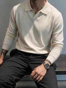 Men's Apricot Textured Pattern Polo Shirt, Long Sleeve Layerable Business Casual Top - Apricot - View 1