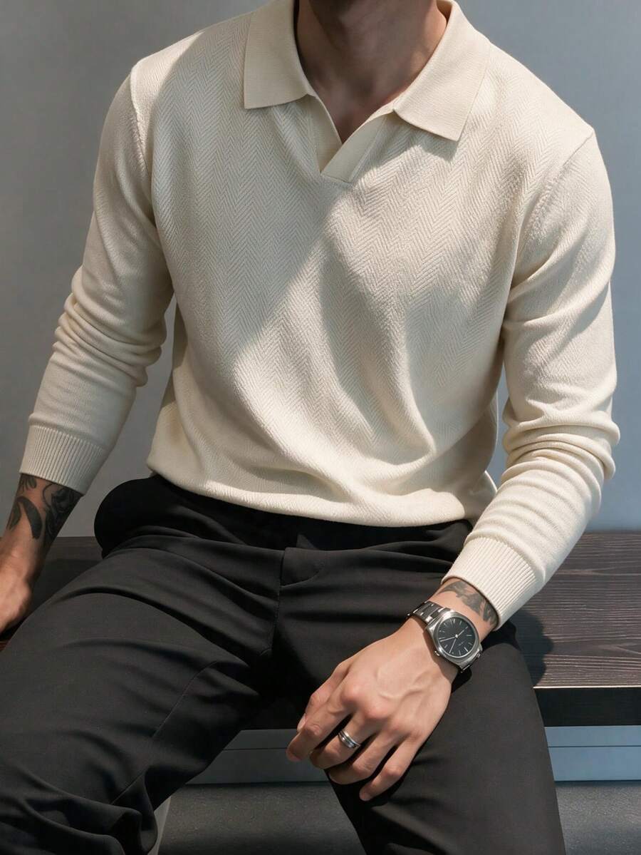 Men's Apricot Textured Pattern Polo Shirt, Long Sleeve Layerable Business Casual Top - Apricot - View 1