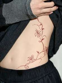 STARTTOOS 1pc Red Minimalist Floral Branch & Leaf Pattern Temporary Tattoo Sticker, Waterproof Body Tattoo Decal For Shoulder, Neck, Collarbone, Waist, Abdomen, Back, Party Gift DIY Holiday Gift - Red - View 2