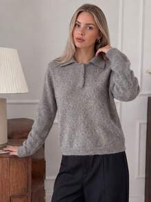 Wixra Women's Polo Collar Half Button Fuzzy Knit Sweater, Casual Long Sleeve Loose Fit Soft Pullover Jumper For Fall Winter - Khaki - View 4