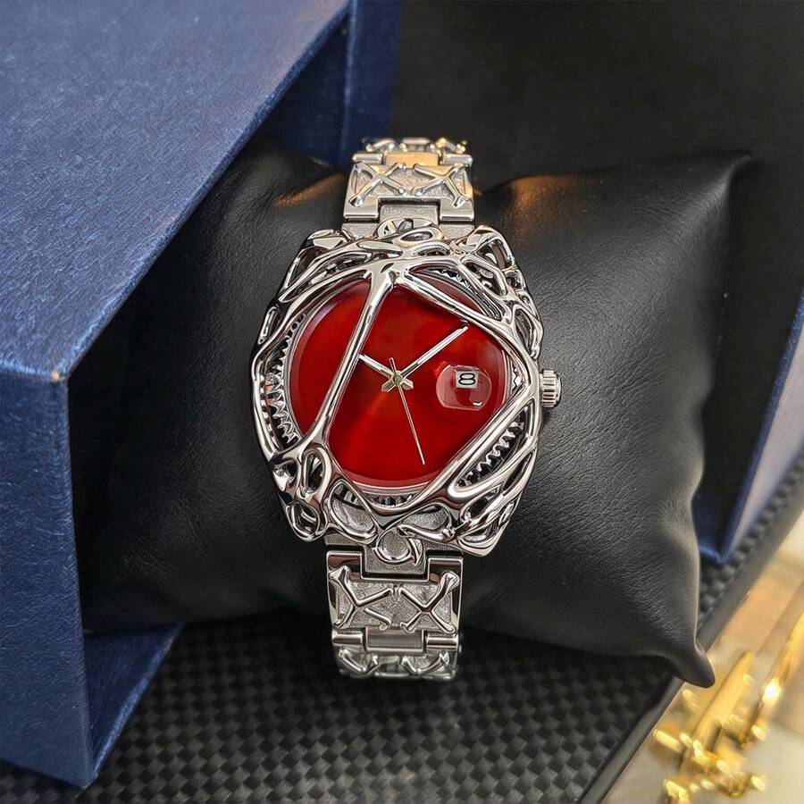 1pc Silver Hollow Twisted Rhinestone Watch, Irregular Minimalist Dial, Metal Strap, Punk Style, Y2K, Calendar, Quartz Watch