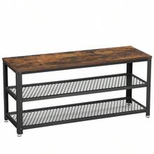 Shoe Bench With Seat, Shoe Rack With 2 Mesh Shelves, Steel - Rustic Brown + Black - View 6