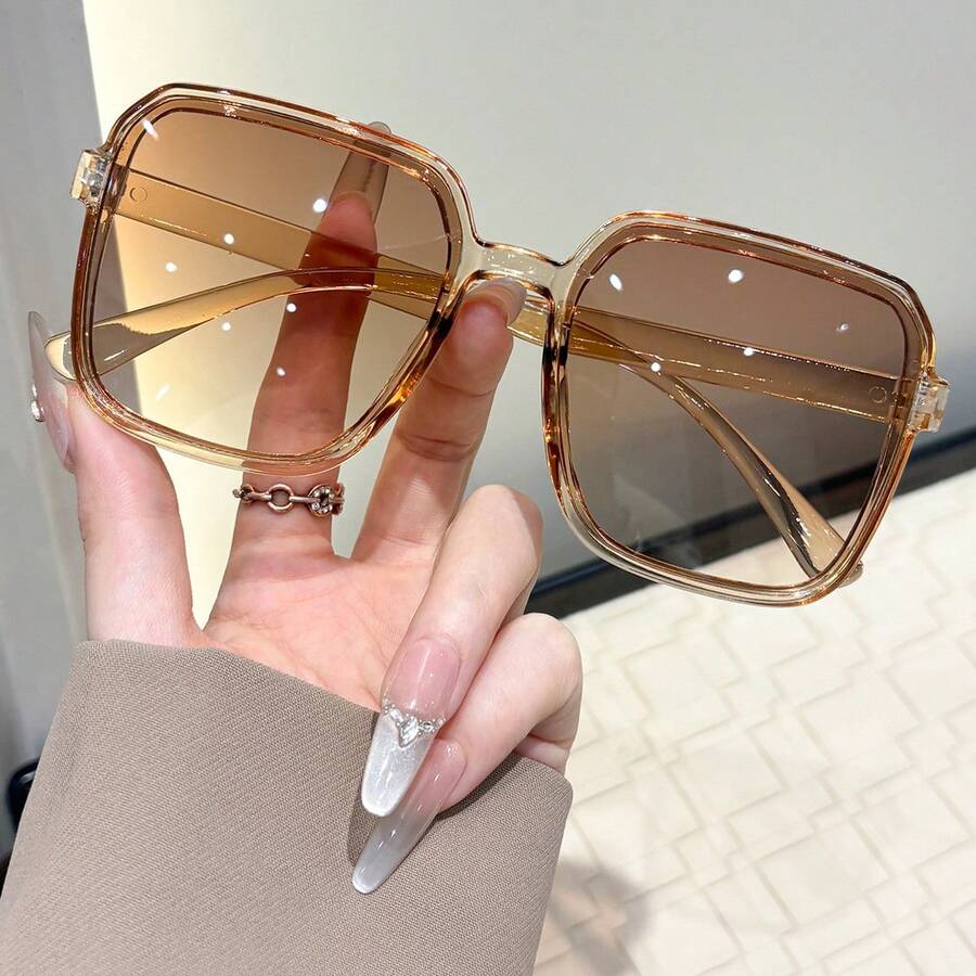 1pc Women's Fashion Glasses, Versatile Casual Square Frame, Retro Oversized Slimming Stylish Eyewear - Brown - View 1