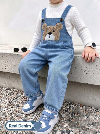 Young Boys Fall Clothes 2pcs Set Long Sleeve Turtleneck Undershirt Top And Denim Overalls Jumpsuit, Washed Blue Long Pants, Autumn/Winter Young Boy Clothing, Cartoon Plush Bear 3D Applique Embroidery, Handsome Cool Stylish Elegant Gentleman Preppy European And American Style, Casual Daily Vacation Travel School Outfit