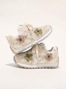女童魔鬼氈穿脫式休閒運動鞋，花卉拼接鞋面搭配3D花朵裝飾，輕量防滑兒童鞋 - 米色 - 查看 4