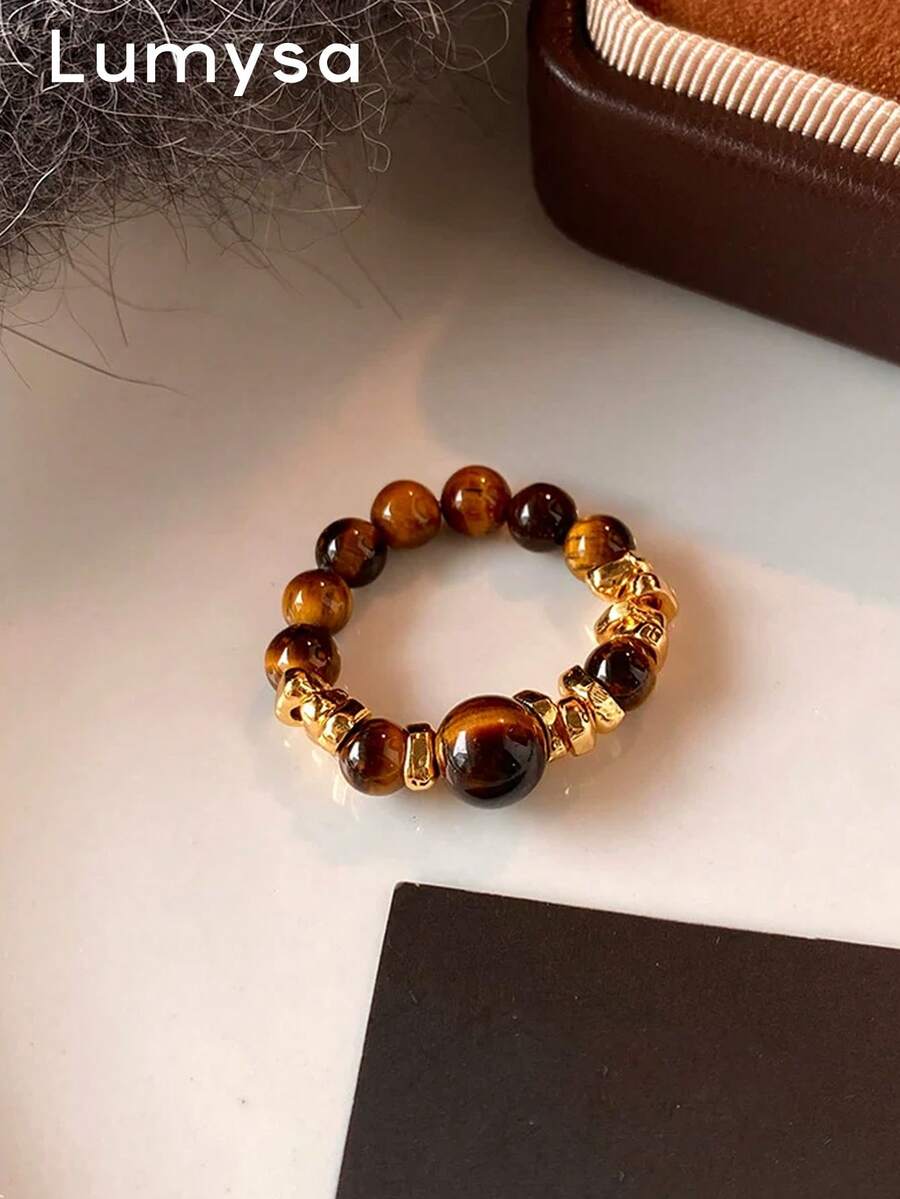 1pc Casual Elegant Tiger Eye Stone Beaded Ring, Suitable For Women's Autumn/Winter Daily Wear - Brown - View 1