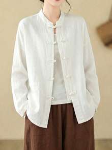 Chinese Style Shirt Loose Literary Retro Tea Dress Stand Collar Frog Button Women'S Top - White - View 5