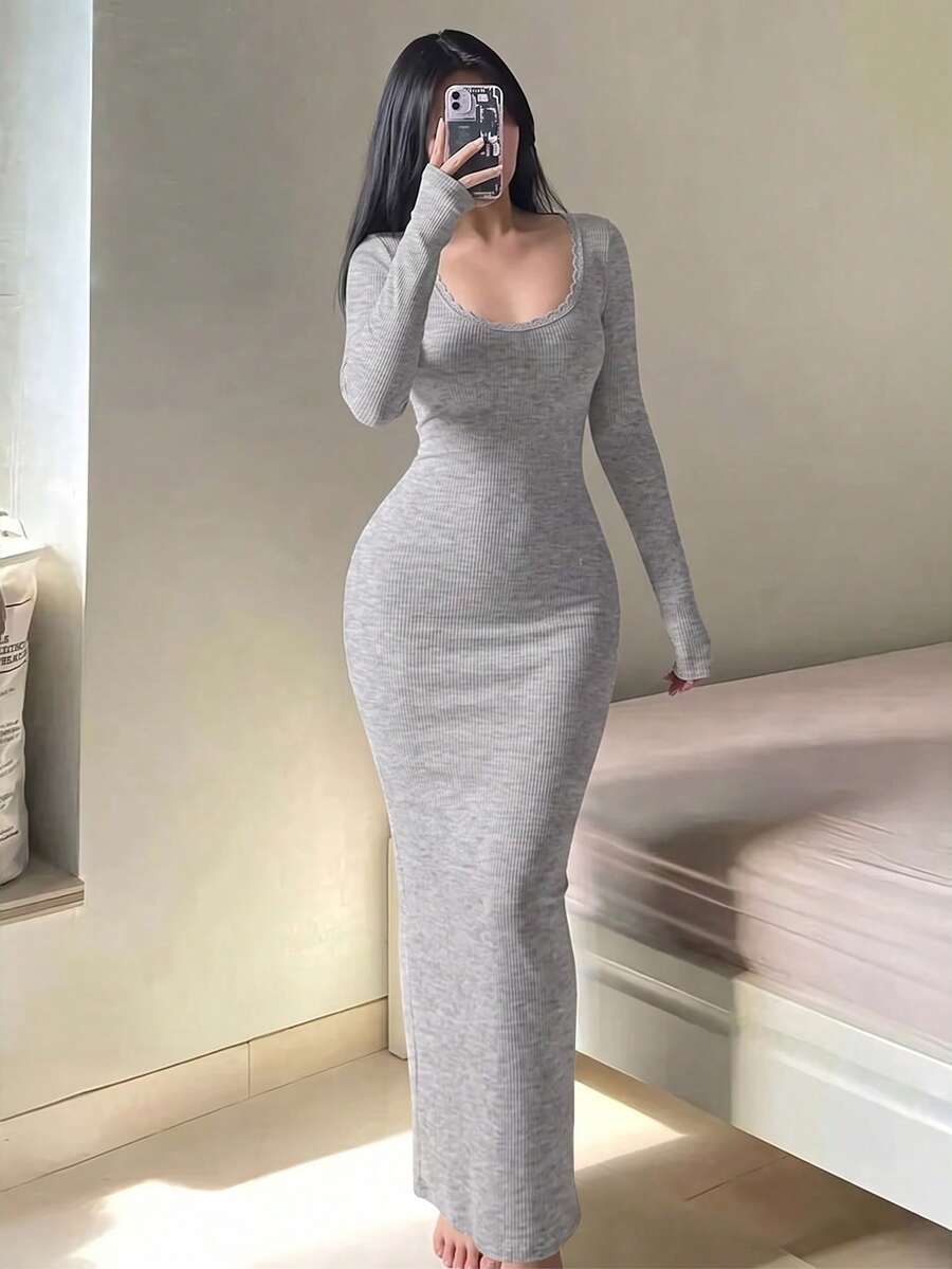 LovelyWholesale Women'S Casual Round Neck Long-Sleeved Bodycon Rib Knit Long Summer Dress For Women - Grey - View 1