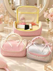 1pc Sweet Style Cosmetic Bag, Faux Leather Makeup Organizer, Desktop Beauty Storage Bag, Travel Toiletry Storage Pouch, Rectangular With Ribbon Handle Design, For Cosmetics, Skincare, Bedroom, Travel, Daily Holiday Use,Christmas,Christmas Present - Multicolor - View 2