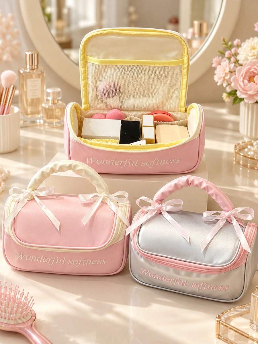 1pc Sweet Style Cosmetic Bag,  Faux Leather Makeup Organizer, Desktop Beauty Storage Bag, Travel Toiletry Storage Pouch, Rectangular With Ribbon Handle Design, For Cosmetics, Skincare, Bedroom, Travel, Daily Holiday Use,Christmas,Christmas Present