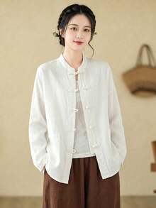 Chinese Style Shirt Loose Literary Retro Tea Dress Stand Collar Frog Button Women'S Top - White - View 6