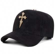 1pc Men's Cross Rhinestone Baseball Cap, Street Fashion Hat, Outdoor Warm Suede Casual Cap, Autumn/Winter Street Business Party - Black - View 1