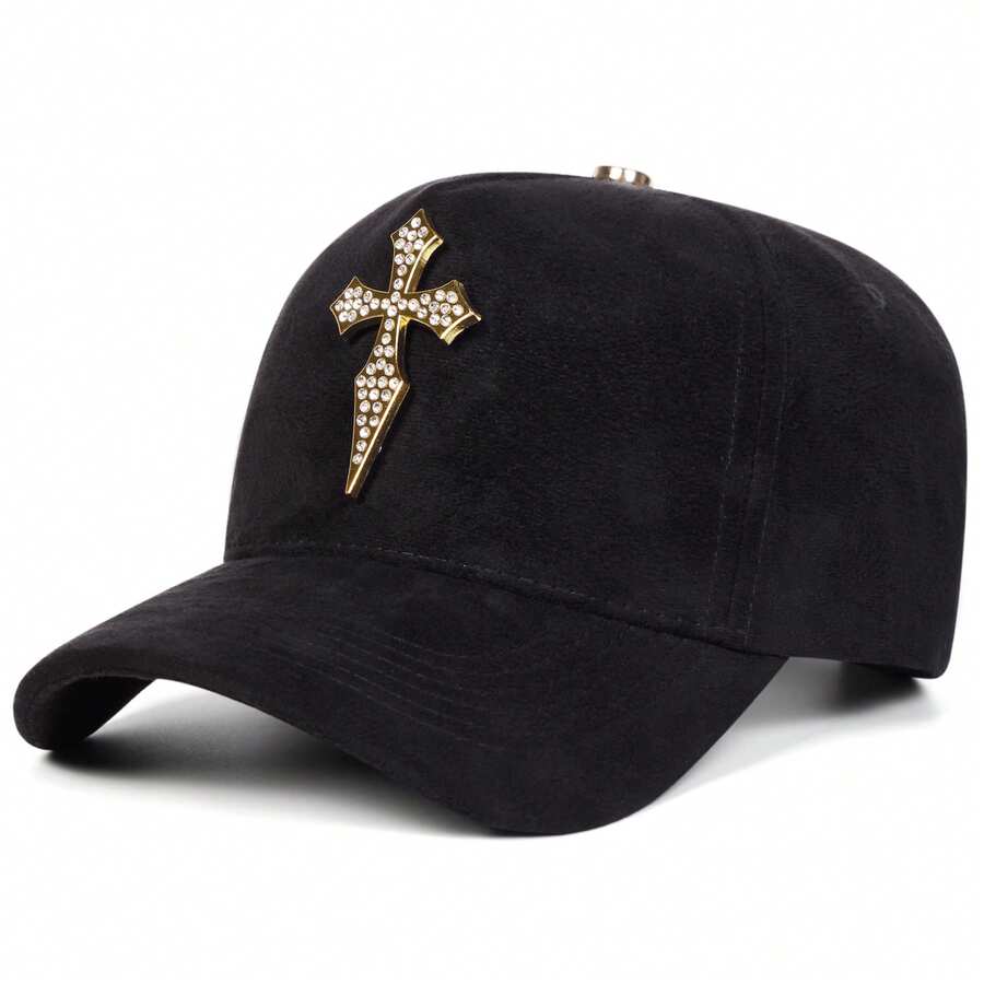 1pc Men's Cross Rhinestone Baseball Cap, Street Fashion Hat, Outdoor Warm Suede Casual Cap, Autumn/Winter Street Business Party - Black - View 1