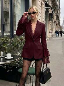 Women's Black Woven Fabric Blazer With Long Lace Sleeves And Button Details, Regular Fit For Fall Outfit - Burgundy - View 4