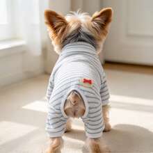 Blue & White Striped Pet Four-Legged Jumpsuit, Soft Ribbed Puppy Pajamas With Silicone Bone Badge, Casual Home Bodysuit For Small Breed Dogs - Multicolor - View 3