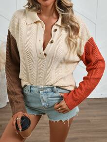 Plus Size Stand Collar Striped Colorblock Knit Casual Versatile Pullover Sweater - Khaki - View 4