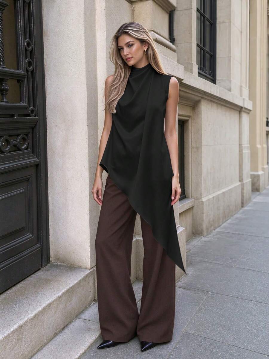 Women's Elegant Versatile Solid-Color High-Neck Strapless Sleeveless White Satin Top Featuring An Asymmetrical Hem Top, Spring Summer Black - Black - View 1