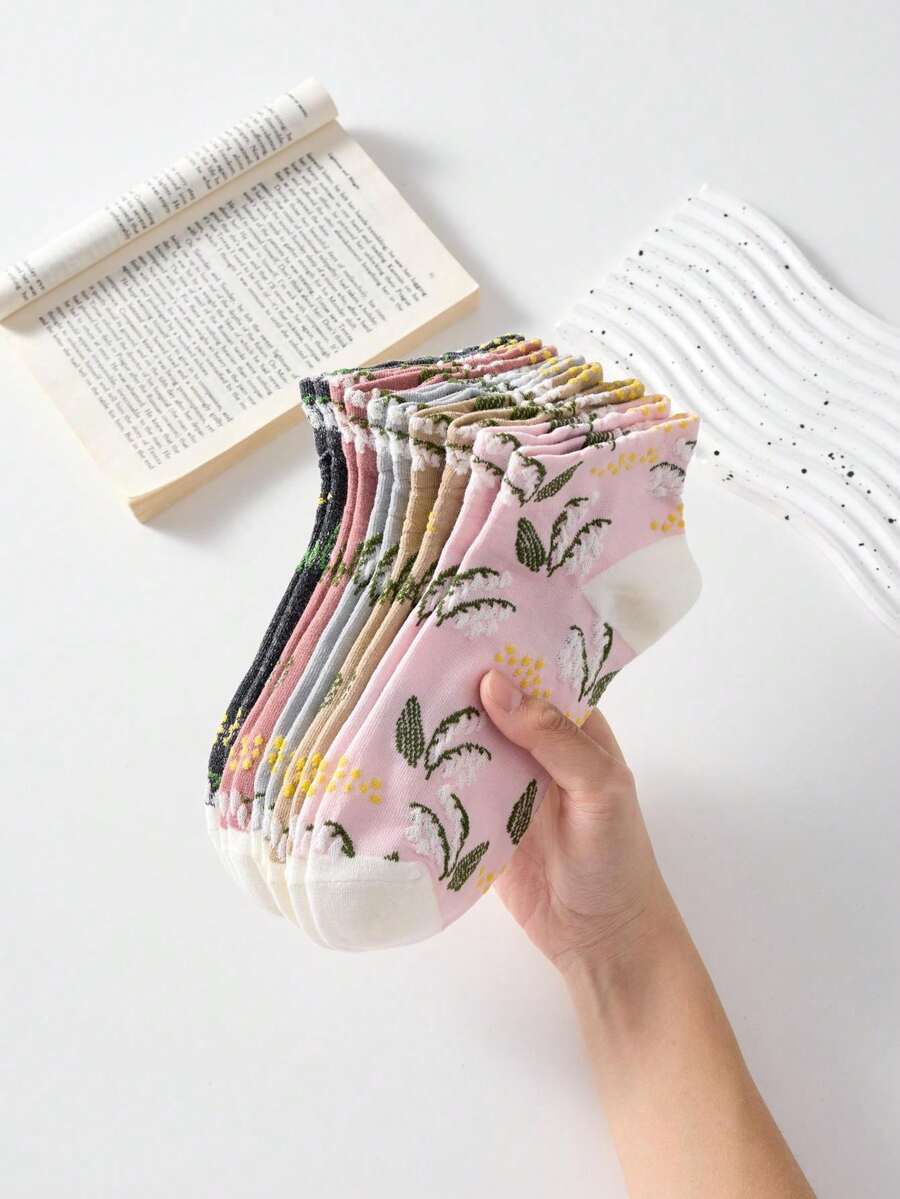 5 Pairs Women's Short Socks, Vintage Floral Branch & Leaf Pattern ...