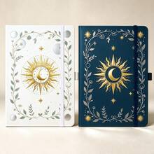 A5 Lined Hardcover Notebook, Vintage Sun Moon Floral Gold Foil Memo Pad, 100 Sheets/200 Pages, With Elastic Band And Back Pocket, Suitable For Note-Taking And Journaling - Star and Moon Notebook - View 2