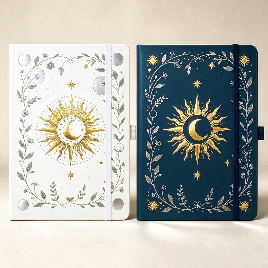 A5 Lined Hardcover Notebook, Vintage Sun Moon Floral Gold Foil Memo Pad, 100 Sheets/200 Pages, With Elastic Band And Back Pocket, Suitable For Note-Taking And Journaling