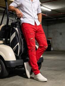 Men's All-Season Outdoor Casual Distressed Red Denim Jeans - Red - View 4