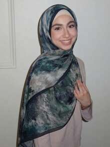 Abstract Print Muslim Hijab For Women, Soft Viscose Long Scarf, Breathable Easy To Style For Work & Daily Wear - Jade Green Marble - View 1