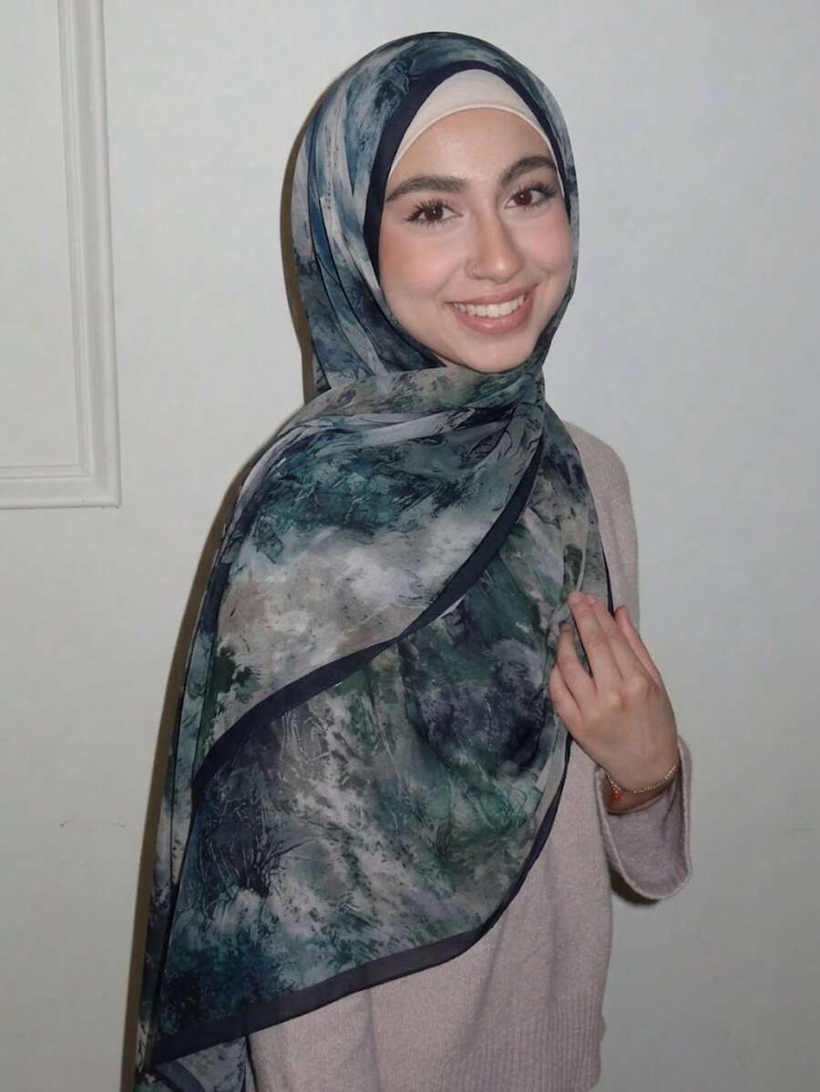 Abstract Print Muslim Hijab For Women, Soft Viscose Long Scarf, Breathable Easy To Style For Work & Daily Wear - Jade Green Marble - View 1