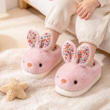 Girls Cute Floral Pattern Rabbit Ear Plush Slippers, Children Warm Plush Closed-Back House Slippers, Winter Cartoon Rabbit Indoor Shoes - Pink - View 1