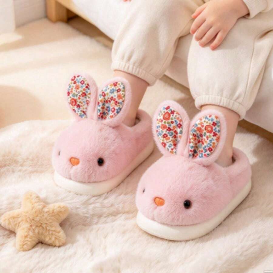 Girls Cute Floral Pattern Rabbit Ear Plush Slippers, Children Warm Plush Closed-Back House Slippers, Winter Cartoon Rabbit Indoor Shoes - Pink - View 1