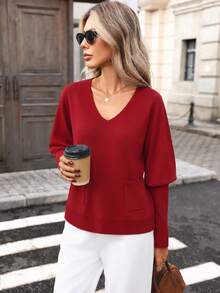 New Arrival Fashion Women's Clothing Early Winter New Style Solid Color Turtleneck Knit Sweater With Pockets Pullover - Red - View 1