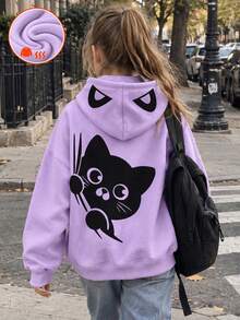 Tween Girl 1pc Thermal Lined Thick Warm Hooded Sweatshirt, Cute Cat Print, Youth Student Children's Clothing, Girls Autumn Winter Outfit - Purple - View 4