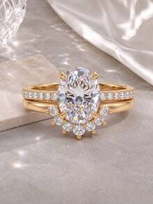 1 Set Women's High-Shine Main Stone Engagement Ring Set 2 Pieces, Classic 4-Prong Setting, Wedding Ceremony Ring Combination - Ring Set - View 7