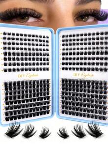 384pcs Natural Cluster False Eyelashes DIY Extension Set, Fluffy C-Curl Individual False Eyelashes, Length 9-12mm - D - View 1