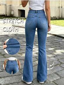 Women's Casual Blue Flare Jeans, Made Of Medium Stretch Denim Fabric, Featuring Button Details, Long Length Design, Suitable For Casual Daily Wear In Spring And Autumn - Medium Wash - View 5