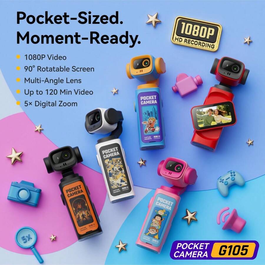 Pocket Camera G105, 1080P HD Video Kids Action Camera, 270° Rotatable Lens, 5X Digital Zoom, Built-In Flashlight, 1.47" IPS Screen, 120 Mins Recording, Portable Mini Vlog Camera For Travel Outdoor Recording