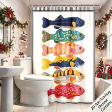 1PC Vintage Painted Fish Pattern Shower Curtain, 100% Polyester Quick-Dry, Includes Hooks, Machine Washable, All-Season Use, Bathroom Privacy Partition Curtain, Fits Multiple Shower Rods, Home Holiday Decor Curtain - A - View 11