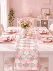 1pc Blush Pink Beige Quatrefoil Table Runner, Kawaii Cozy Cute Linen-Texture Rectangular Dining Table Runner With Soft Taupe Geometric Lattice Print, Neutral Pastel Kitchen Decor For Everyday Dining, Coffee Tables, Parties And Housewarming - Multicolor - View 8