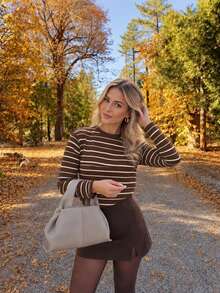 Women's Brown & White Striped Long Sleeve Crew Neck Polyester T-Shirt, Autumn/Winter Slightly Elastic Regular Fit Top - Multicolor - View 3
