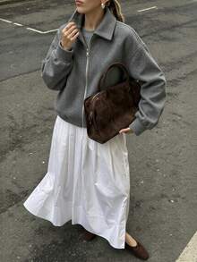 Women's Fashion Gray Woven Fabric Regular Long Sleeve Lapel Zipper Jacket, Essential For Autumn/Winter - Dark Grey - View 2