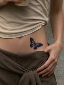 1pc Herbal Juice Semi-Permanent Magic Tattoo Sticker, Minimalist Aesthetic Hollow Butterfly Design, Long-Lasting 14 Days, Non-Fading, Non-Reflective, Temporary Body Tattoo Sticker For Arm, Waist, Abdomen - Blue - View 4