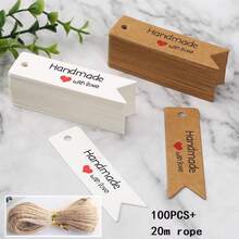 100 قطعة بطاقات هدايا مصنوعة يدويًا + 20 متر حبل جوت، بطاقات ورق كرافت مطبوعة بعبارة "Handmade With Love"، مناسبة لصناعة الحرف اليدوية، الزفاف، عيد الميلاد، الحفلات، العطلات أو المناسبات الخاصة، ديكور معلق، ديكور الهدايا - A - مشاهدة 1