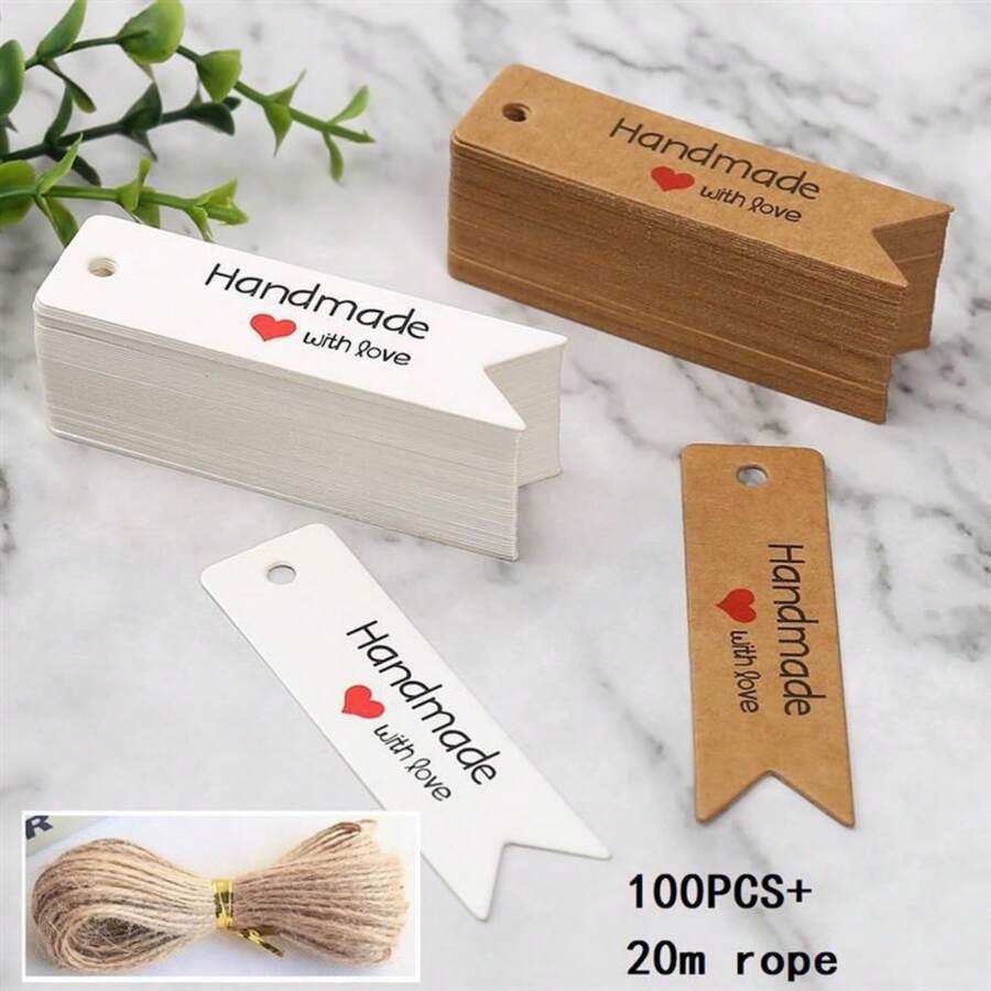 100 قطعة بطاقات هدايا مصنوعة يدويًا + 20 متر حبل جوت، بطاقات ورق كرافت مطبوعة بعبارة "Handmade With Love"، مناسبة لصناعة الحرف اليدوية، الزفاف، عيد الميلاد، الحفلات، العطلات أو المناسبات الخاصة، ديكور معلق، ديكور الهدايا - A - مشاهدة 1