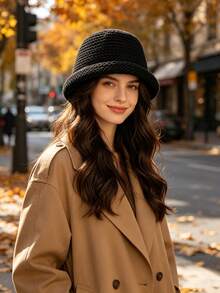 1pc New Autumn/Winter Women's Bucket Hat, Premium Feel, Face-Slimming, Versatile Solid Color Knitted Rolled Edge Woolen Bucket Hat - Black - View 2