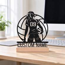 1pc Personalized Volleyball Player Metal Plaque, Customizable Name Desktop Ornament With Wooden Base, Unique Sports Style Decor, Suitable For Home Office, Can Be Used As Gift For Athlete Birthday Or Team Celebration - Black - View 6
