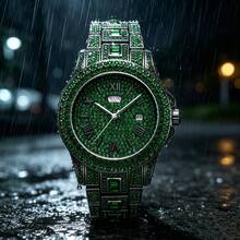 Men's Quartz Wristwatch With Heavy-Duty Full Rhinestone Inlaid Design, Roman Numerals, Day And Date Calendar, Personalized Style And More Options - one-size - View 10