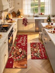 1/2pcs Christmas Kitchen Decor Rug, Christmas Bull Pattern Winter Kitchen Rug And Mat, Non-Slip Washable Absorbent Kitchen Accessories Decor, Christmas Holiday Gift! - Multicolor - View 1