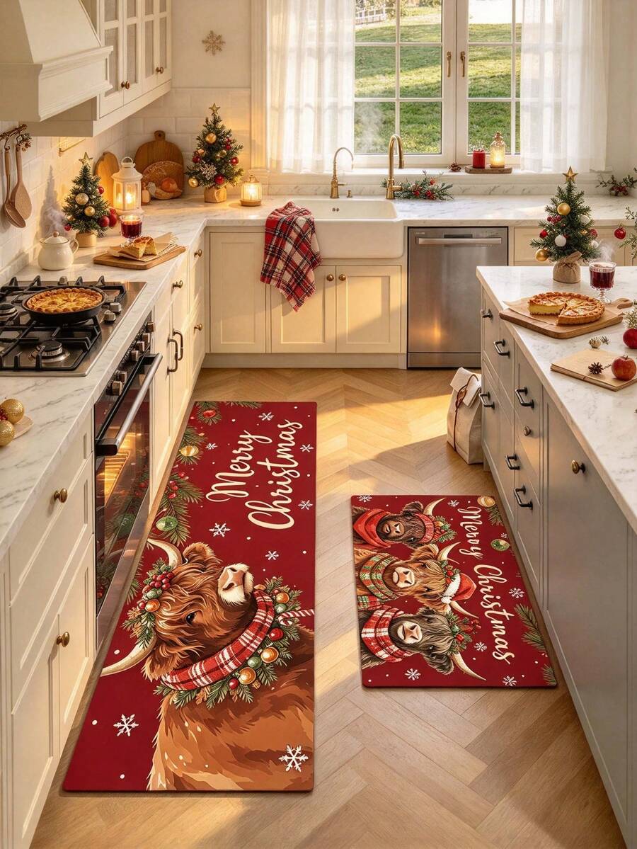 1/2pcs Christmas Kitchen Decor Rug, Christmas Bull Pattern Winter Kitchen Rug And Mat, Non-Slip Washable Absorbent Kitchen Accessories Decor, Christmas Holiday Gift! - Multicolor - View 1